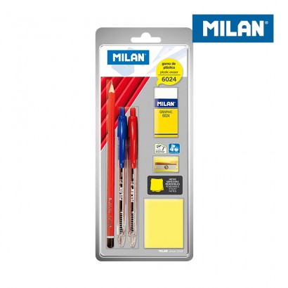 Blister 2 bolígrafs, llapis granit, goma, maquineta i notes adhesives milan 