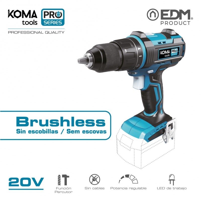 Taladro percutor/atornillador 20v brushless  (sin bateria y cargador)  koma tools pro series battery edm