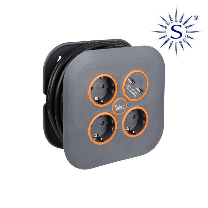 Enrollacables con 3 bases 2p+t y 2 usb solera