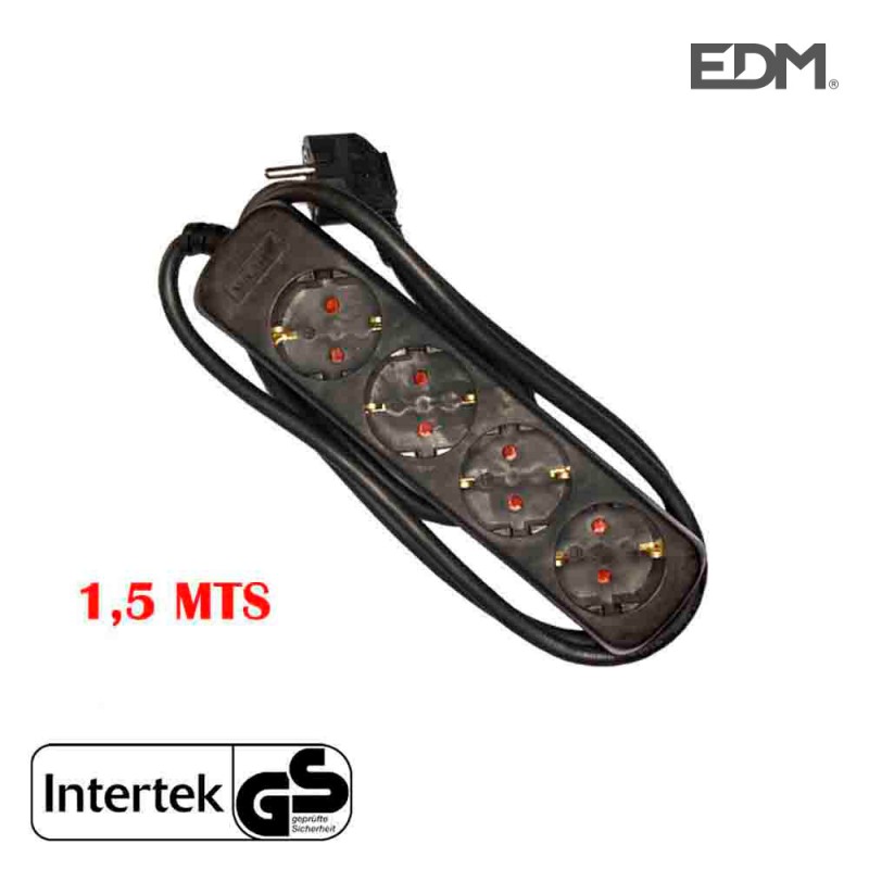 Base multiple 4 tomas schuko 1,5m 3x1,5mm  negra