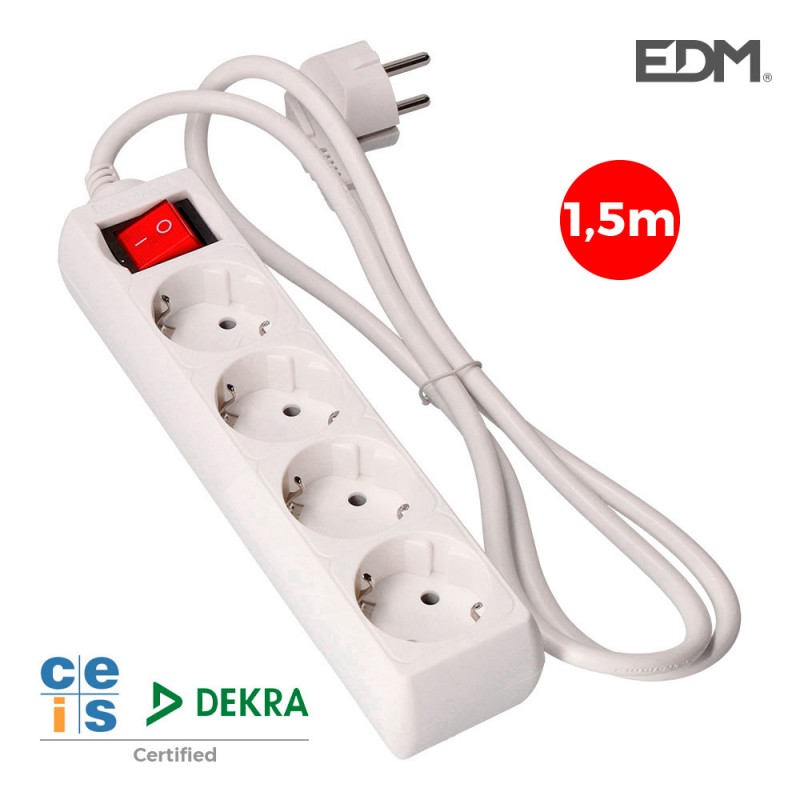 Base multiple 4 tomas schuko com interruptor 1,5m 3x1,5mm