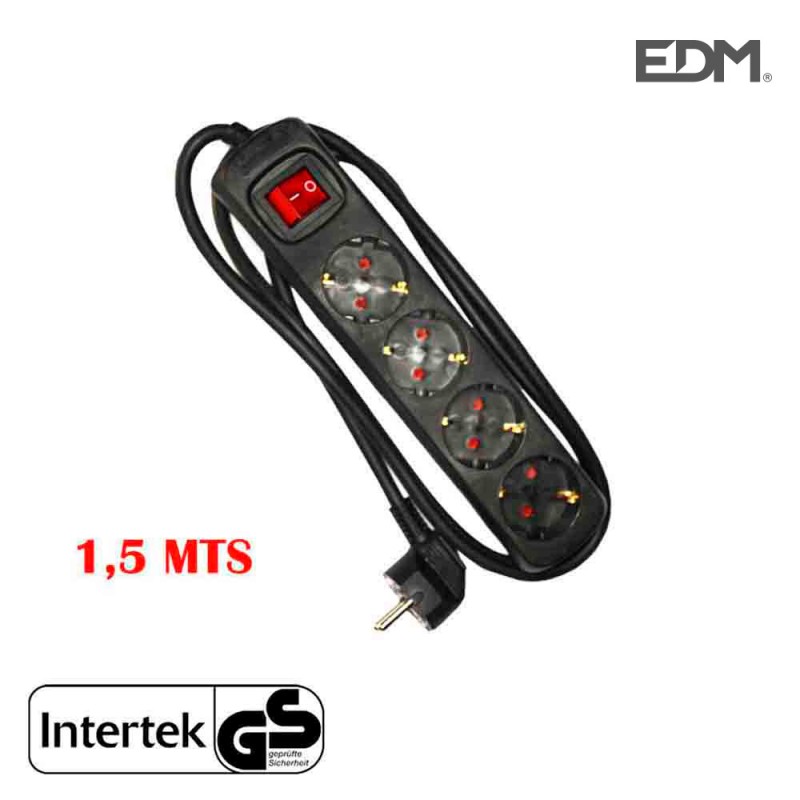Base múltiple 4 tomes schuko amb interruptor 1.5m 3x1.5mm color negre 