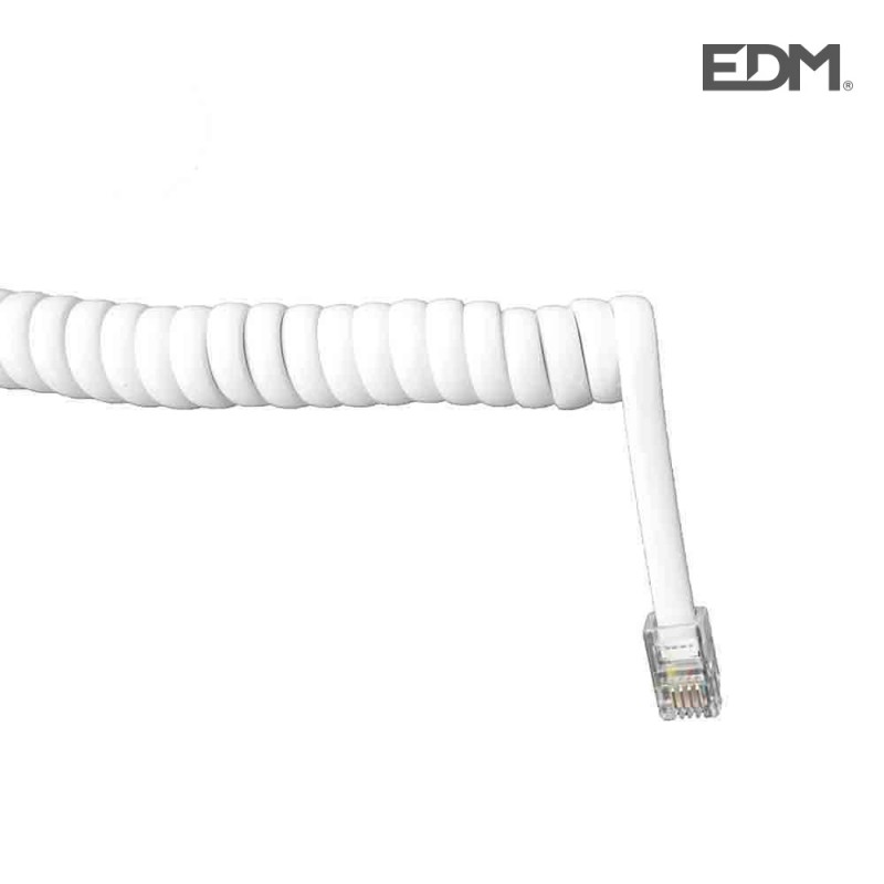 Prolongacion telefonica rizada 2,5m a 4m 4 vias blanca macho-macho 6v edm