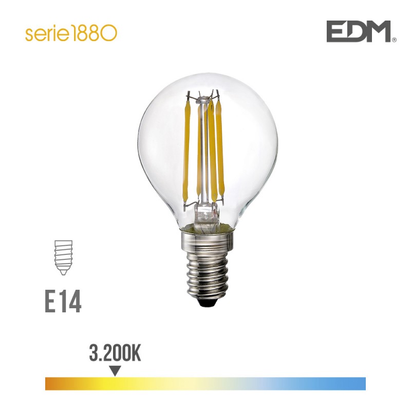 Bombilla esferica filamento led e14 4w 550 lm 3200k luz calida edm