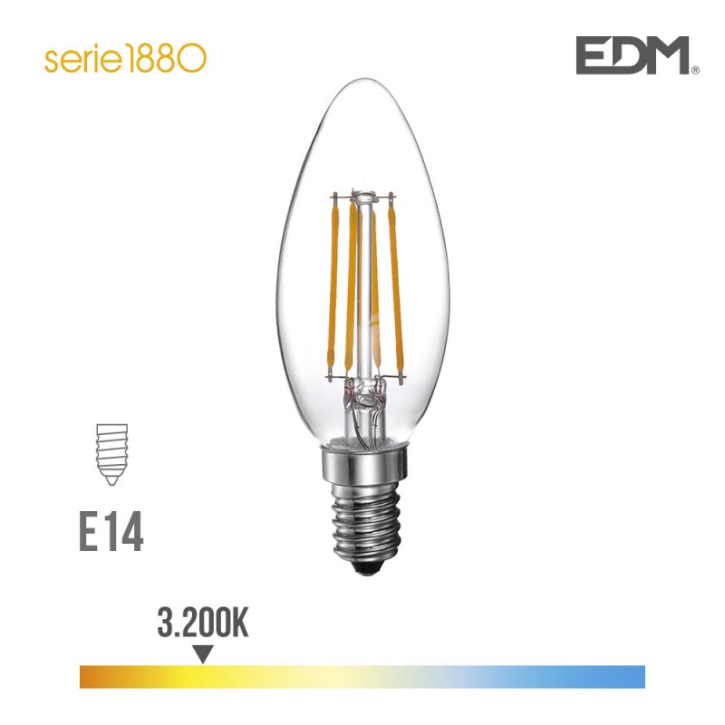 Bombilla vela filamento led e14 4w 550 lm 3200k luz calida edm