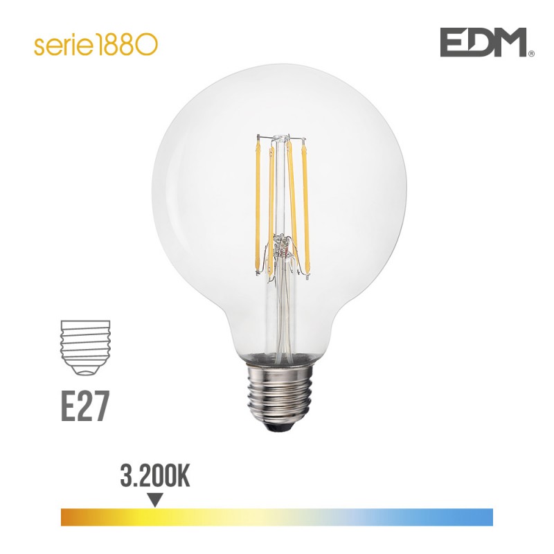 Bombilla globo filamento led ø 95 mm e27 6w 800 lm 3200k luz calida edm