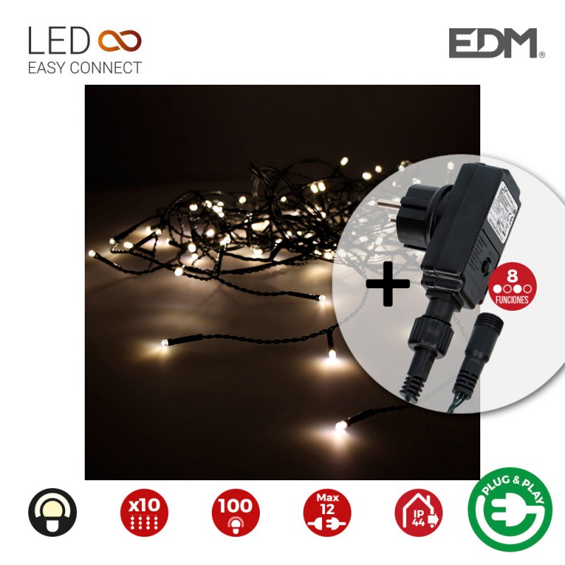 Cortina con programdor  easy-connect 2x1mts 10 tiras 100 leds blanco calido edm