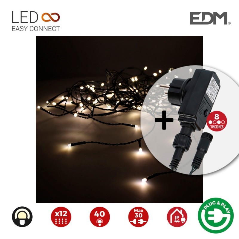 Cortina icicle con programador easy-connect 2mtsx0,5mts 12 tiras 40leds blanco calido  edm