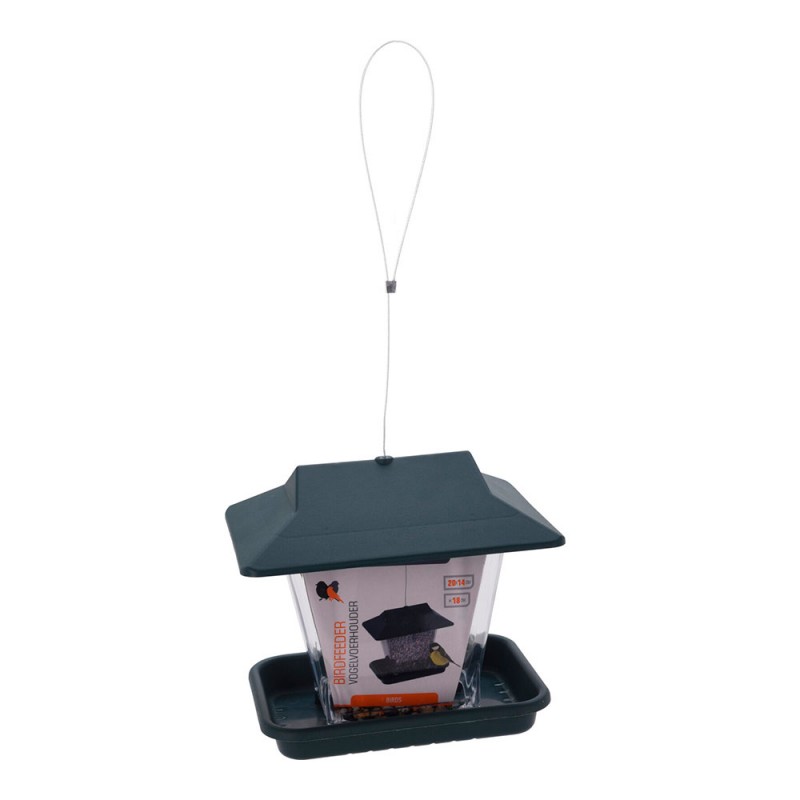 Menjador per a ocells. color verd. forma de caseta 20x14x18cm