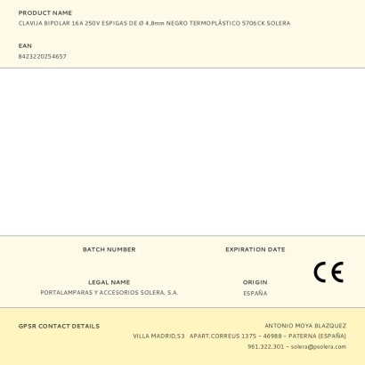 Clavilla bipolar 16 a 250v espigues de ø 4,8mm negre termoplàstic 5706ck solera