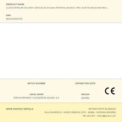 Clavija bipolar 16a 250v .espigas de ø 4,8mm.material blanco. ip44. sujetacables abatible 5706ckb solera