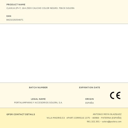 Clavija 2p+t, 16a 250v caucho color negro. 706ck solera