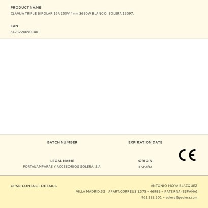 Clavilla triple bipolar 16a 250v 4mm 3680w blanc. solera 15097.