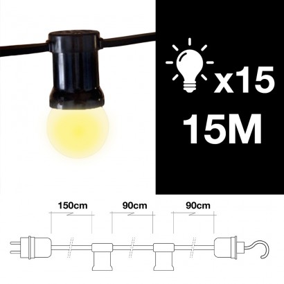Garlanda 15mts - 15 portalàmpades e27 amb gantxo final exterior ip44