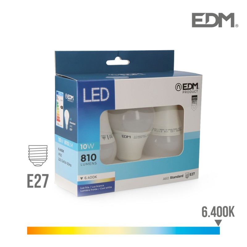 Kit 3 bombetes stàndard led e27 10w 6400k llum freda edm 