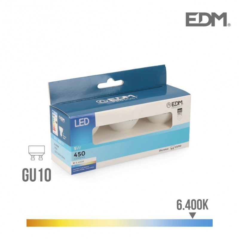Kit 3 bombetes dicroicas led gu10 5w 6400k llum freda edm 