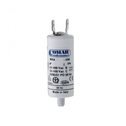 Condensador mka 4mf/5% 450v 25x57 amb espiga m8 i faston simple 6.35 