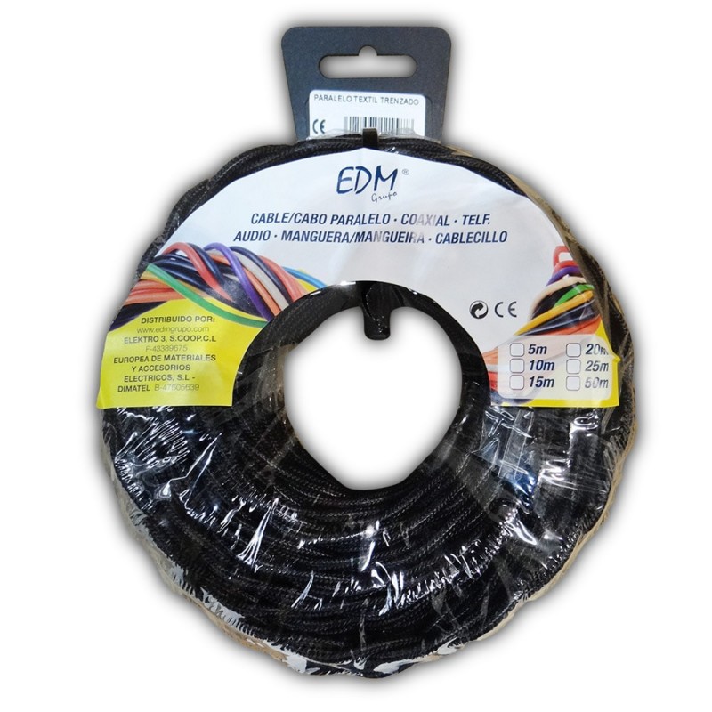 Paral·lel tèxtil trenat 2x1,5mm negre 25mts