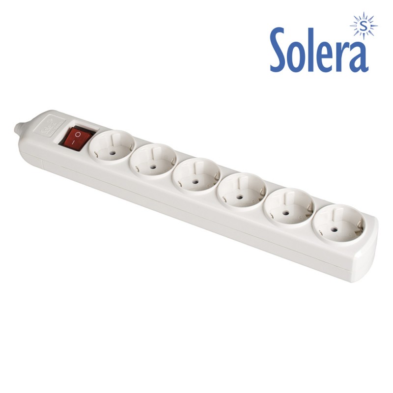 Base bipolar 6 tomas con t/t lateral 16a 250v color blanco interruptor luminoso solera