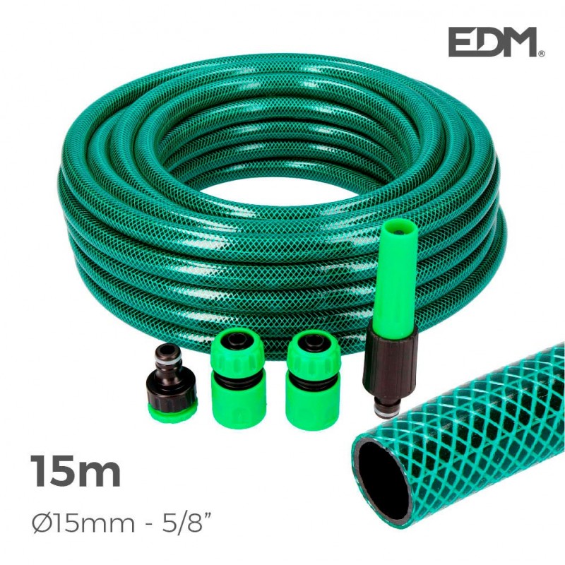 Kit mànega jardi bàsic line ø interior 15mm ø exterior 20mm (5/8") rotllo 15mts amb accessoris edm 