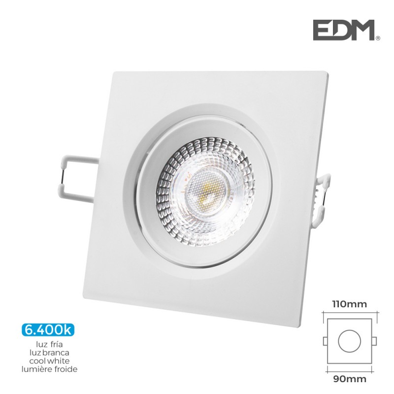 Downlight led empotrable 5w 380 lumen 6.400k cuadrado marco blanco edm