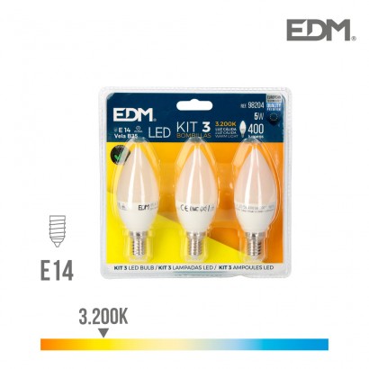 Kit 3 bombetes espelma led e14 5w 400 lm 3200k llum càlida edm 