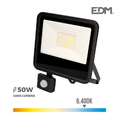 Foco proyector led  50w 6400k con sensor de presencia edm
