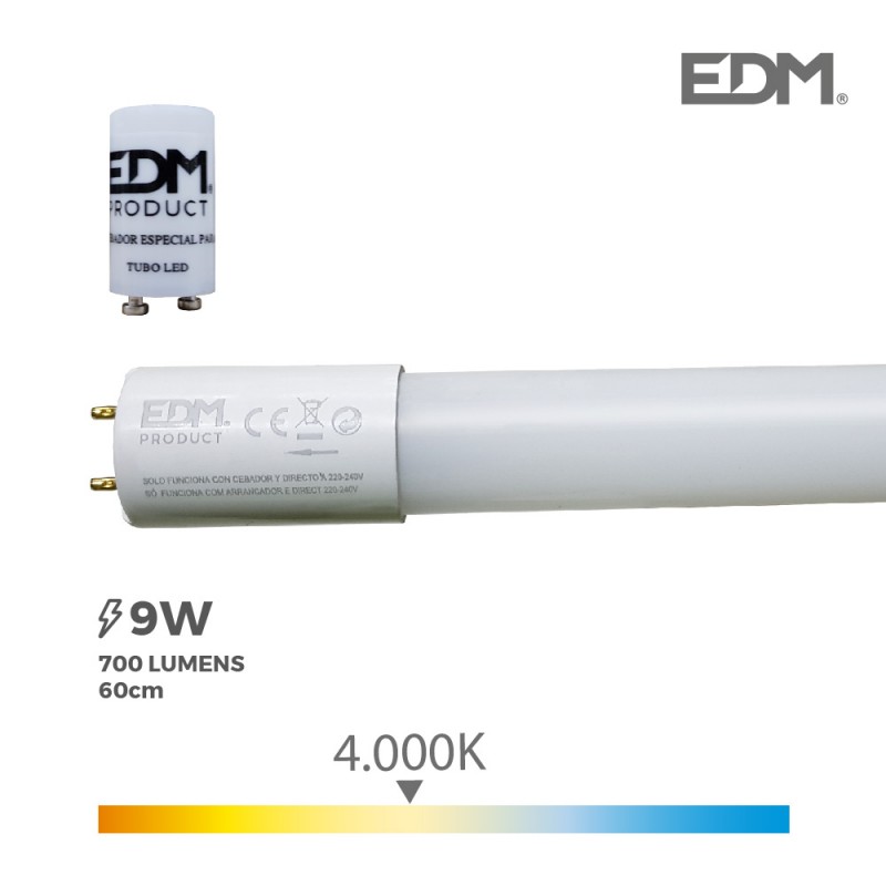 Tubo led t8 9w 700 lm 4000k luz dia (eq.18w) edm